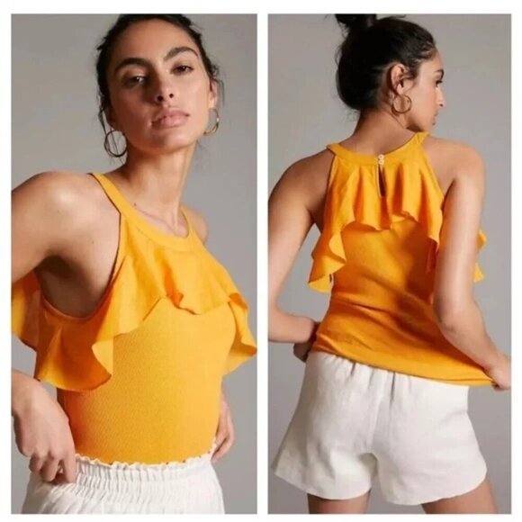 Maeve Anthropologie Ruffled Ribbed Tank Top Shirt Mustard Yellow Women's L - Picture 1 of 8